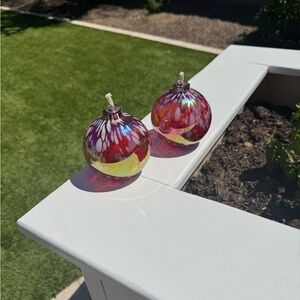 Pottery Barn Red Iridescent Art Glass Oil Lamps 3 1/2 inches Set of 2